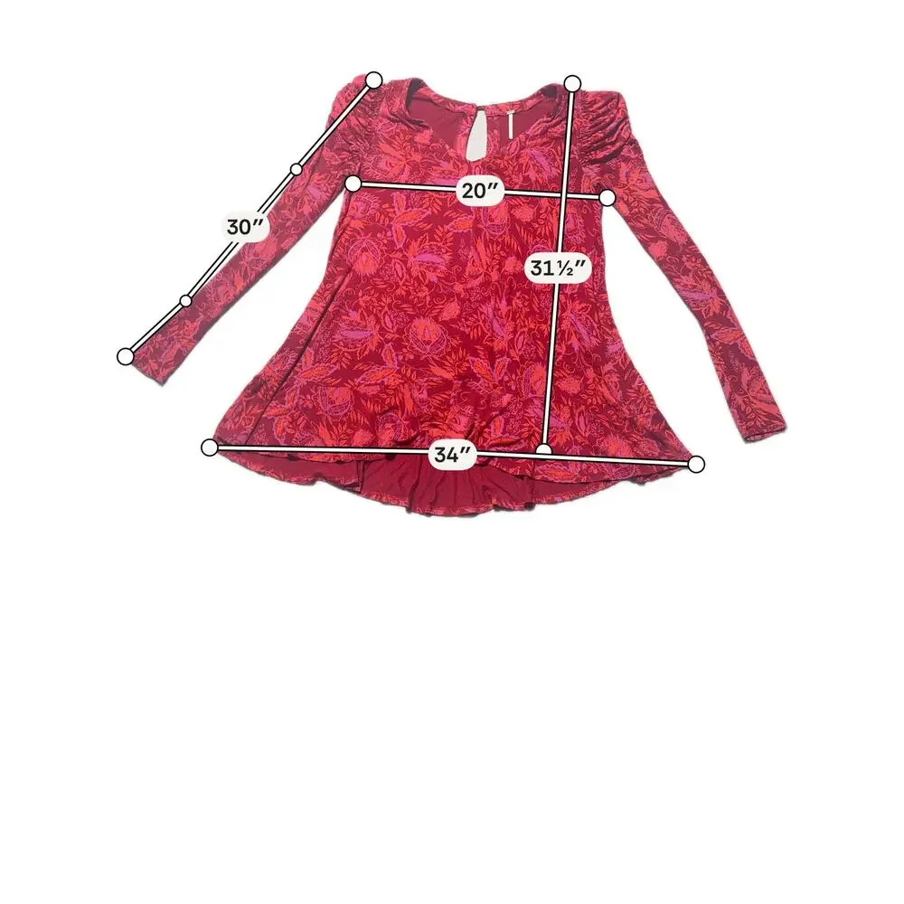 Free People Hello Lover Tunic Top Womens S Red Floral Long Sleeve Puff Shoulder